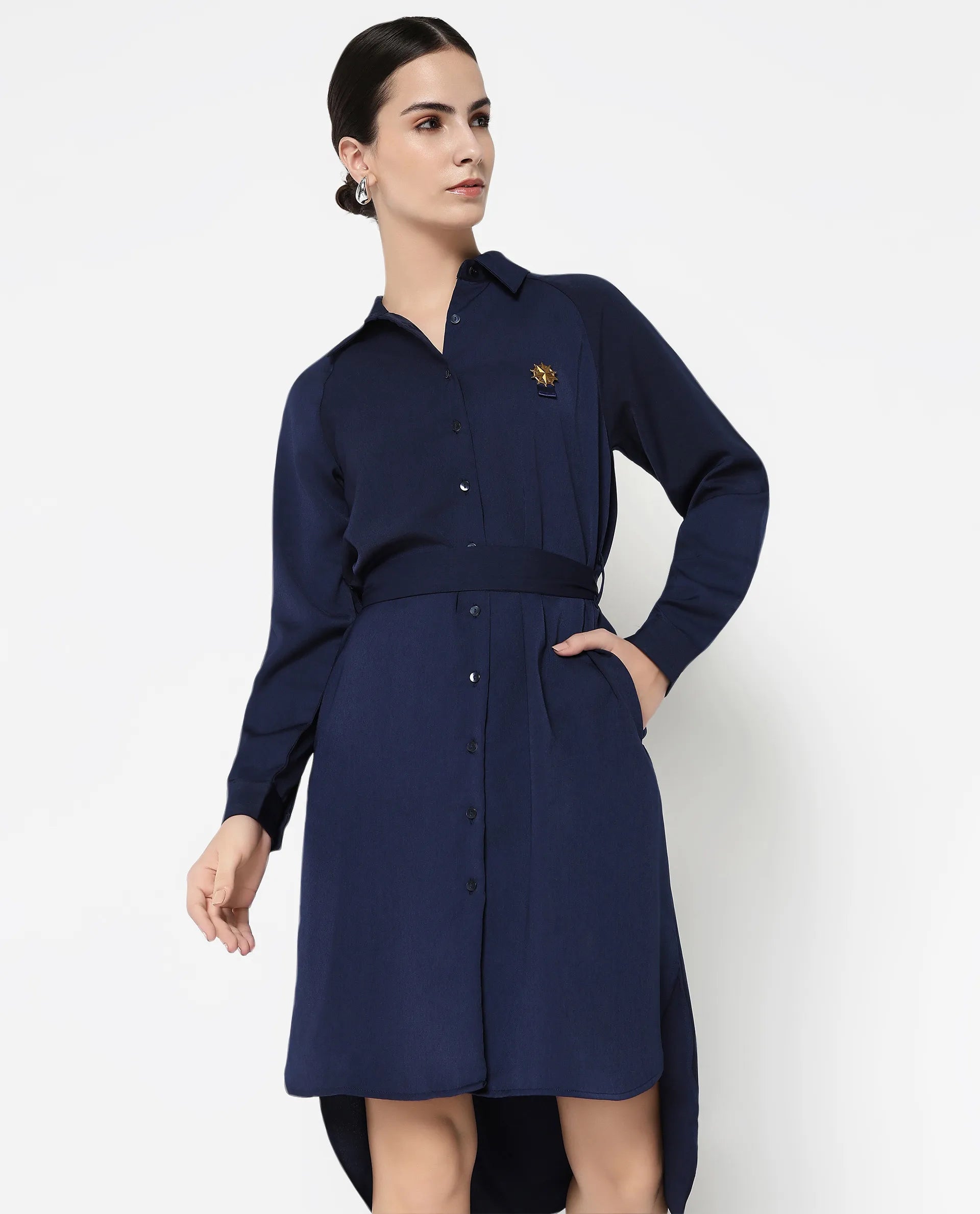 Mini Women Dress with a Short Hem for a Young and Trendy Style Mini Women Dress with a Short Hem for a Young and Trendy Style Rareism Women Yulu Navy Satin Cuffed Sleeves Collared Neck Button Closure Straight Fit Midi Plain Dress