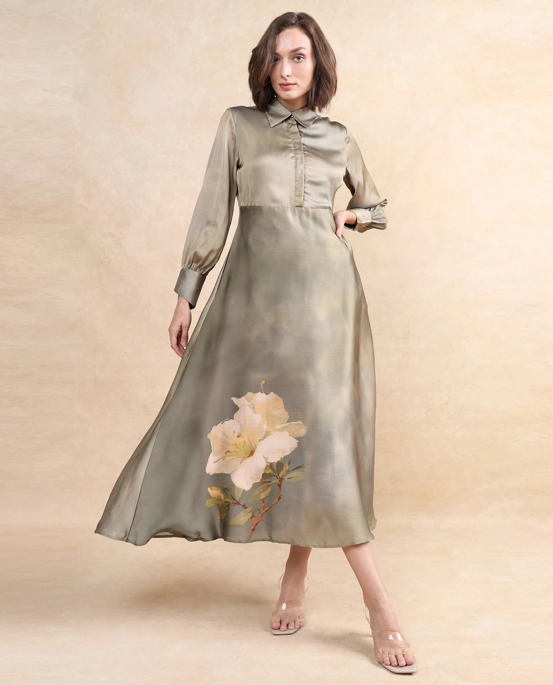 Mermaid - Style Women Dress with a Fitted Silhouette for Special Occasions Mermaid - Style Women Dress with a Fitted Silhouette for Special Occasions Rareism Women Zihawk Olive Satin Cuffed Sleeve Collared Neck Button Closure Flared Midi Floral Print Dress