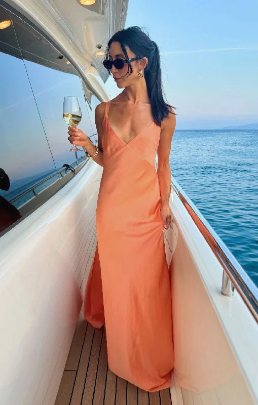 Maxi dresses with thin spaghetti straps for a delicate and feminine feelAnderson Maxi Dress ~ Cantaloupe Luxe Satin Maxi dresses with thin spaghetti straps for a delicate and feminine feelAnderson Maxi Dress ~ Cantaloupe Luxe Satin