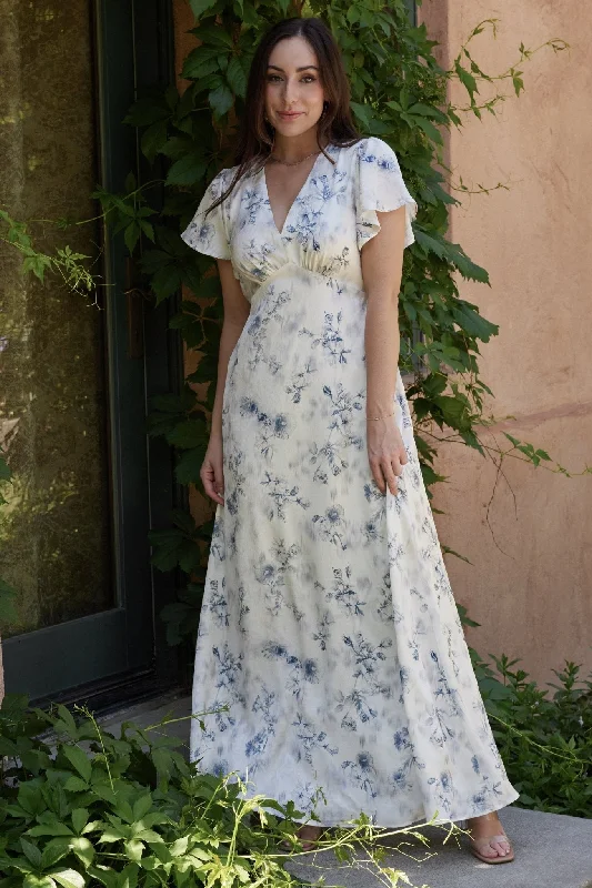 Leather maxi dresses for an edgy and bold appearanceCarmen Maxi Dress | Off White + Blue Floral