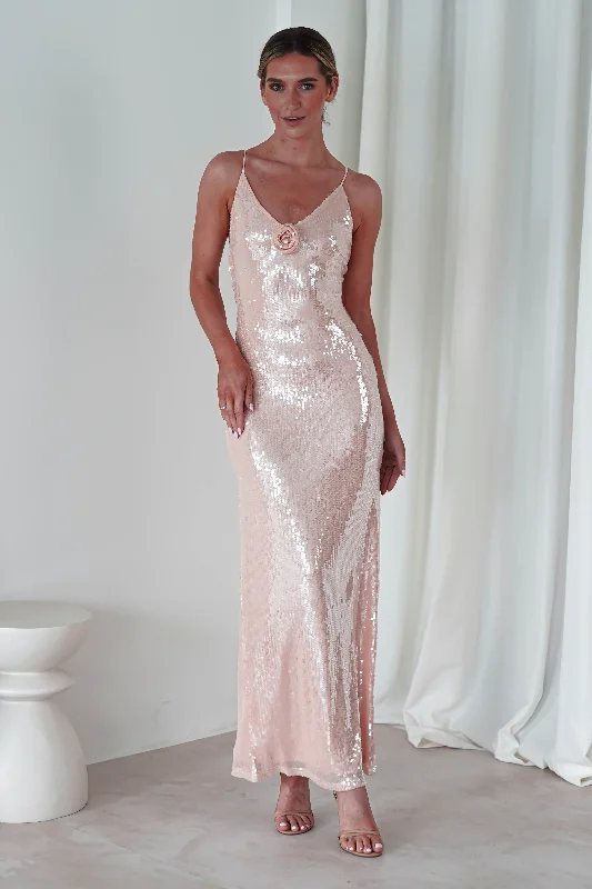 Maxi dresses with thin spaghetti straps for a delicate and feminine feelEllba Sequin Maxi Dress | Peach