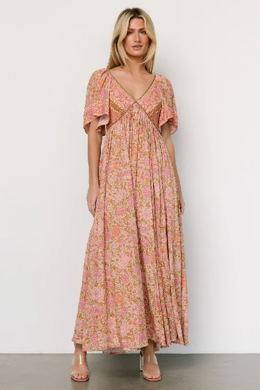Maxi dresses with pom - pom trims for a playful and festive lookEvanthia Maxi Dress | Vintage Blush Print