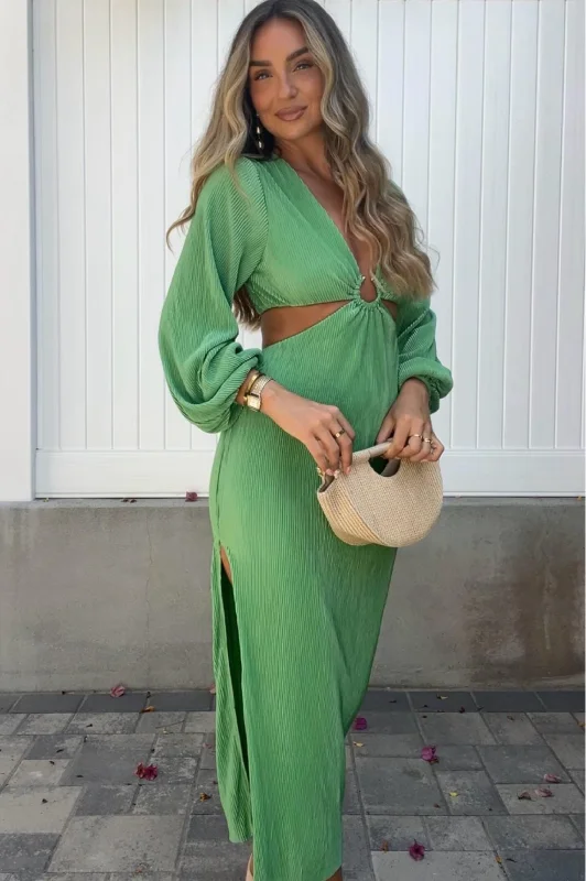 Polyester maxi dresses for easy - care and durabilityLennon Ribbed Cut Out Maxi Dress| Green Polyester maxi dresses for easy - care and durabilityLennon Ribbed Cut Out Maxi Dress| Green