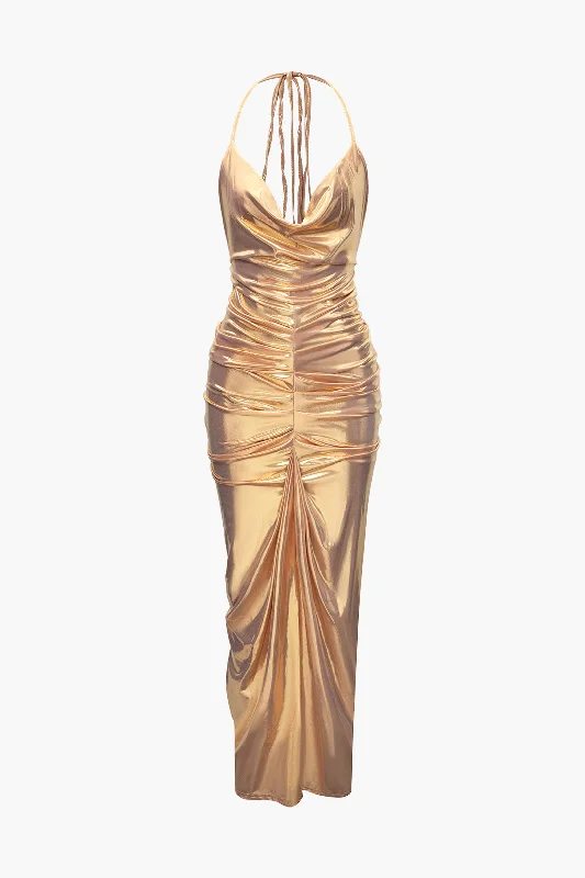Maxi dresses with pocket details for added functionalityMetallic Ruched Halter Maxi Dress Maxi dresses with pocket details for added functionalityMetallic Ruched Halter Maxi Dress