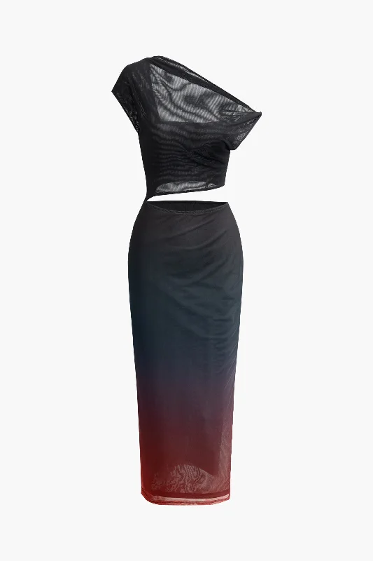 Maxi dresses with balloon sleeves for a vintage - inspired styleOmbre Cut Out Asymmetrical Mesh Slit Midi Dress