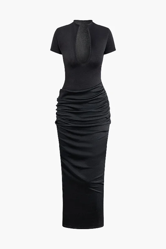 Maxi dresses with a keyhole back for a sexy detailDeep V-neck Ruched Short Sleeve Maxi Dress Maxi dresses with a keyhole back for a sexy detailDeep V-neck Ruched Short Sleeve Maxi Dress