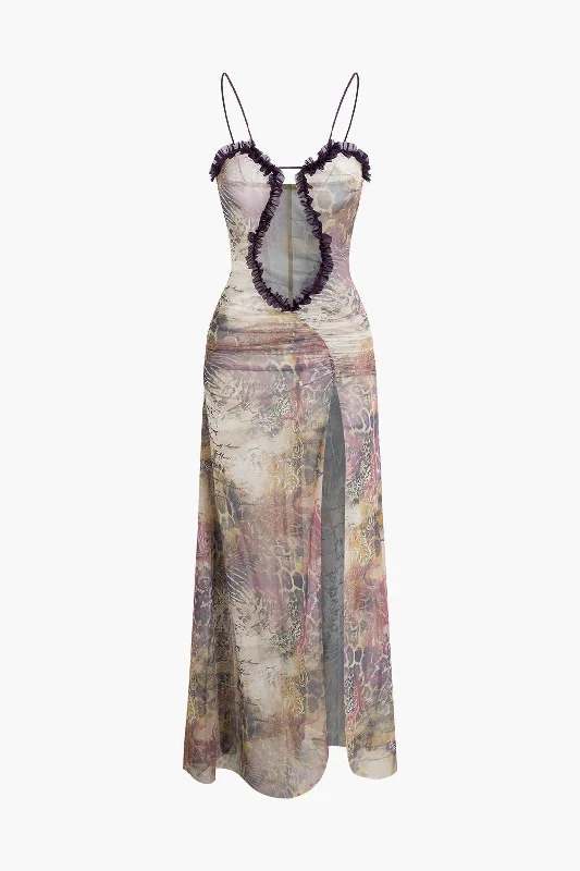 Maxi dresses with cut - out details on the sides for a modern edgePrinted Ruffle Cut Out Mesh Slit Slip Maxi Dress Maxi dresses with cut - out details on the sides for a modern edgePrinted Ruffle Cut Out Mesh Slit Slip Maxi Dress