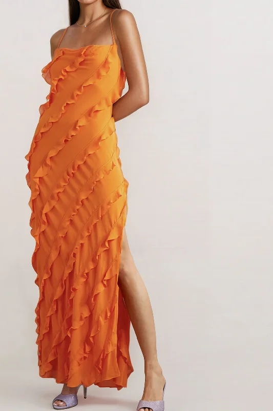 Maxi dresses with a ruffled neckline for a charming lookRuffle Tie Backless Slip Maxi Dress
