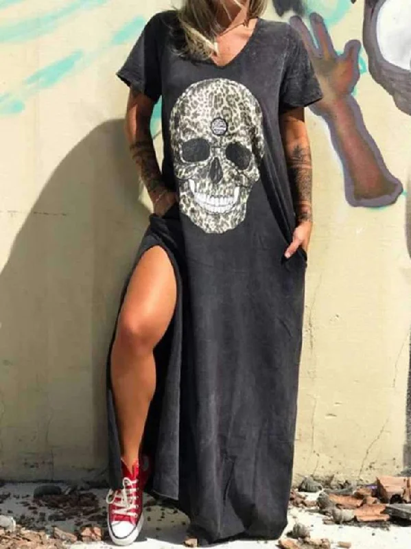 Maxi dresses with beaded embellishments for a fancy and luxurious eventV-neck Short-sleeved Skull Print Slit T-shirt Dress Maxi dresses with beaded embellishments for a fancy and luxurious eventV-neck Short-sleeved Skull Print Slit T-shirt Dress