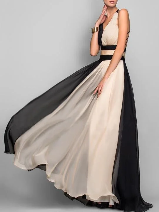 Maxi dresses with a V - neckline for a flattering and elongating shapeV-neck Sleeveless Color Block Dress Maxi dresses with a V - neckline for a flattering and elongating shapeV-neck Sleeveless Color Block Dress