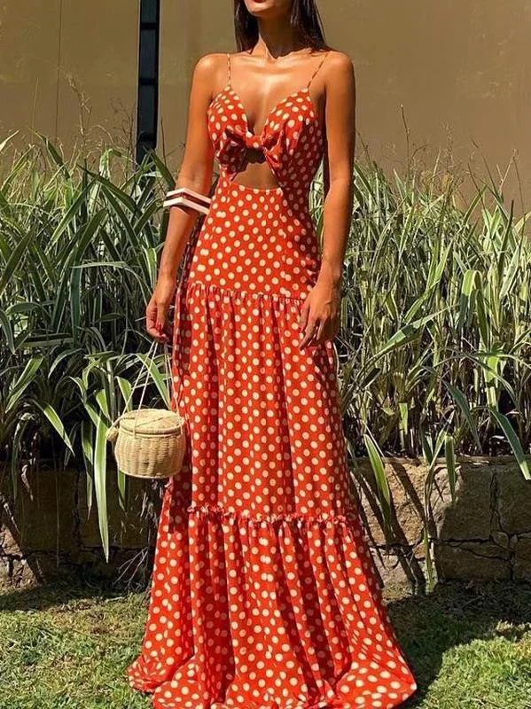 Sheer maxi dresses with lace overlays for a romantic touchV-neck Sleeveless Polka Dot Beach Dress