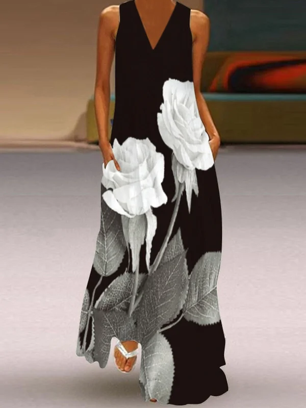 Maxi dresses with cold - shoulder cutouts for a trendy lookV-Neck Sleeveless Printed Casual Dress