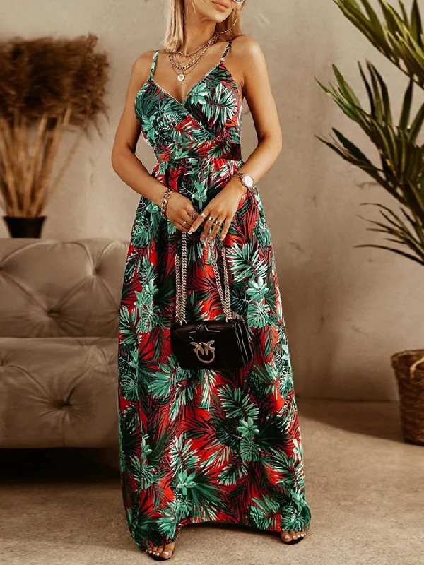 Maxi dresses with bow accents at the waist for a sweet appearanceV-neck Sling Floral Bohemian Beach Dress