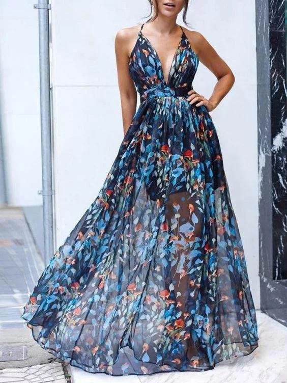 Maxi dresses with cut - out details on the sides for a modern edgeV-neck Sling Print Dress