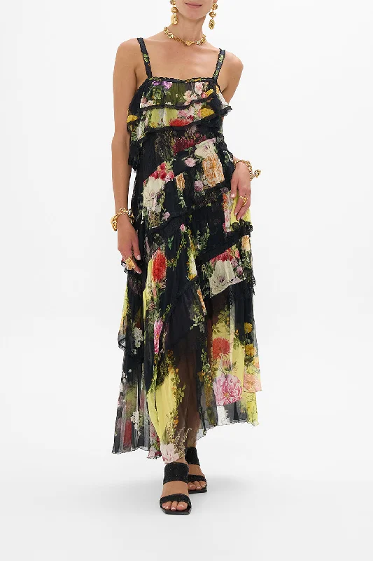 Midi dresses with tiered skirts for a bohemian festival lookASYMMETRIC SPLICED LACE DRESS ADORNED IN ALEXANDRIA