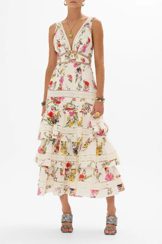 Midi dresses with printed lining for a hidden and stylish detailTIERED RUFFLE HEM DRESS EGYPTIAN ROSE