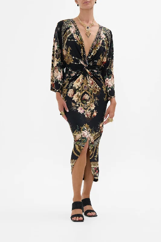 Plaid midi dresses for a fall - themed family gatheringLONG SPLIT FRONT TWIST DRESS DYNASTY DAZE