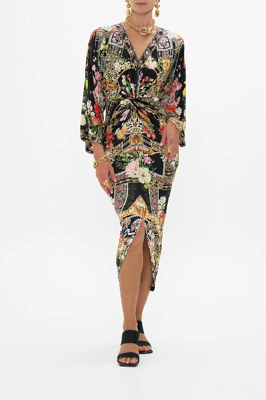 Midi dresses with asymmetric hems for a fashion - forward and dynamic appearanceLONG SPLIT FRONT TWIST DRESS ADORNED IN ALEXANDRIA