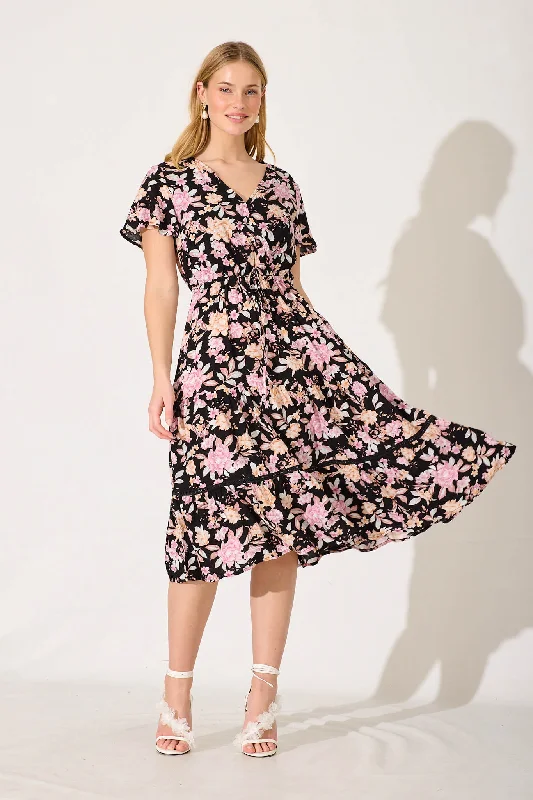 Midi dresses with off - the - shoulder necklines for a flirty lookAquarius Midi Dress Black With Blush Multi Floral