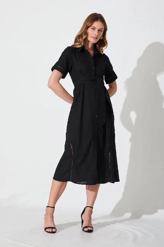 A - line midi dresses with floral prints for spring brunchesBennett Midi Shirt Dress In Black Cotton Linen