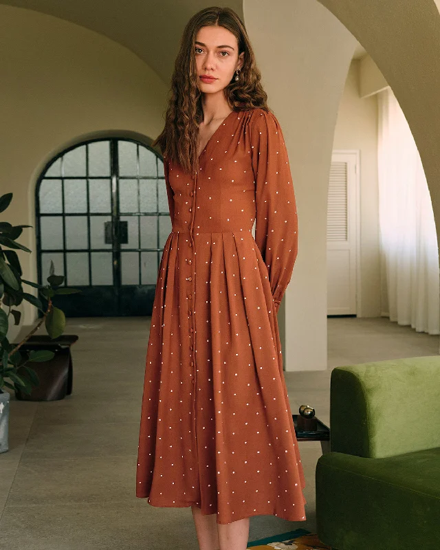 Midi dresses with satin - finish fabrics for a luxurious feelBrown Polka Dot Pleated Midi Dress