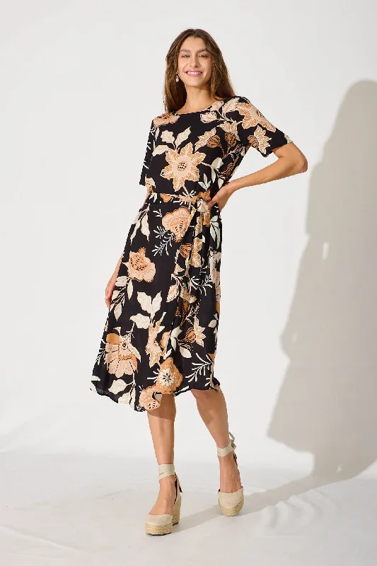 Midi dresses with button - front designs for a classic touchChambery Midi Dress In Black With Rust Leaf Print