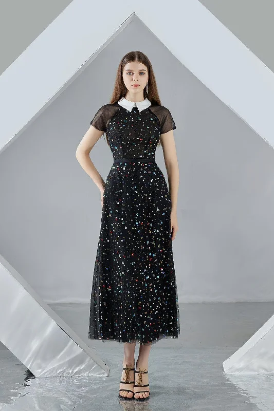 Midi dresses with abstract art prints for an artistic statementChristina A-line Short Sleeved Mesh Sheer Midi Dress Midi dresses with abstract art prints for an artistic statementChristina A-line Short Sleeved Mesh Sheer Midi Dress