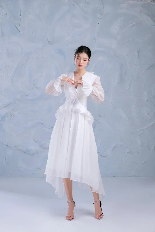 Midi dresses with pleated skirts for a timeless and elegant appealCloud Asymmetric Ruffle Layer Organza Midi Dress