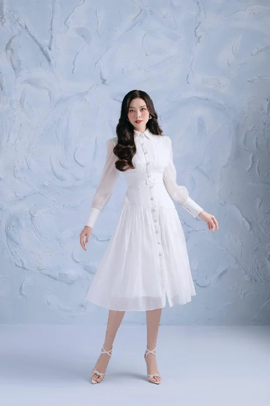 Midi dresses with ruffled bodices for a more pronounced feminine lookColdy Gathered Corset Waist Organza Midi Dress