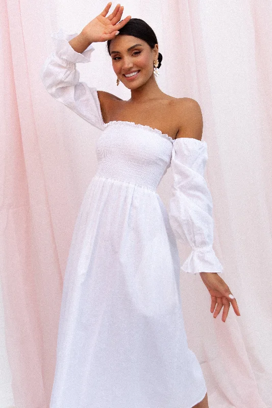 Midi dresses with embroidered accents for a unique and detailed designDomenica Shirred Long Sleeve Midi Dress - White