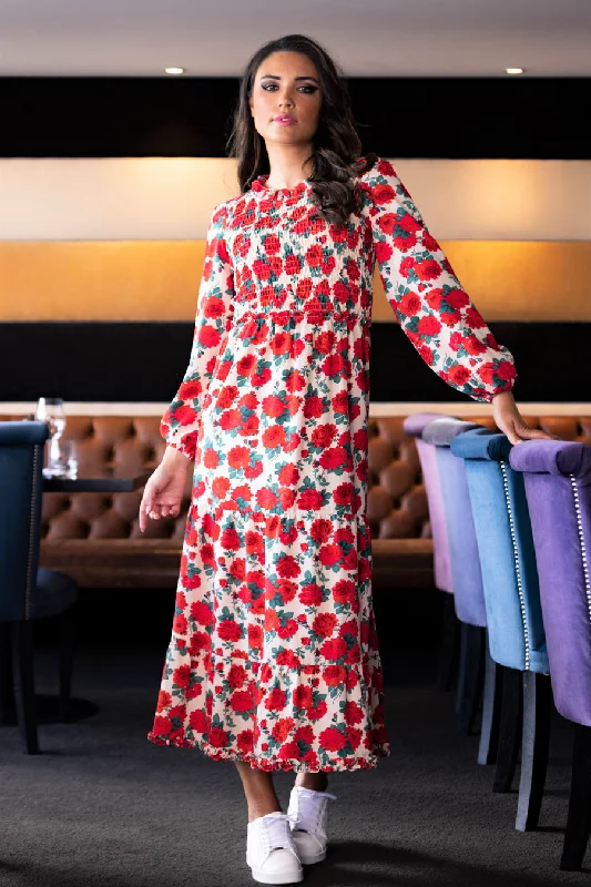 Midi dresses with ruched bodices for a feminine and fitted feelDove Red Floral Dress