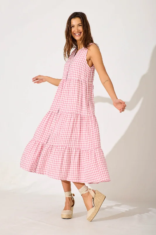 Midi dresses with gathered skirts for a full and flowing silhouetteJolly Midi Smock Dress In Pink Gingham Check Cotton Blend