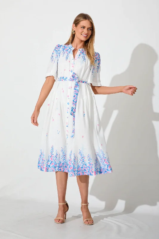 Midi dresses with belted waists to accentuate the figureLaylah Midi Dress In White With Blue Floral Placement Linen Blend