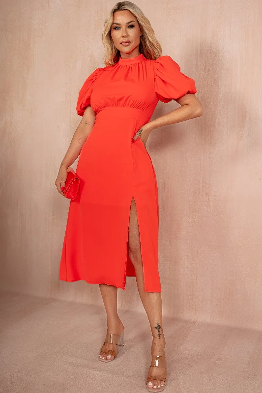 Velvet midi dresses in jewel tones for a glamorous winter eventLilith Orange Puff Sleeve Midi Dress Velvet midi dresses in jewel tones for a glamorous winter eventLilith Orange Puff Sleeve Midi Dress