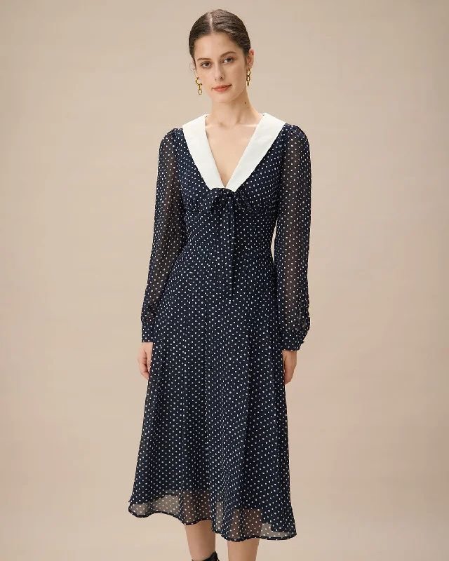 Velvet midi dresses in jewel tones for a glamorous winter eventNavy Contrasting V Neck Chiffon Midi Dress