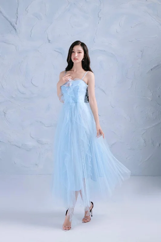 Midi dresses with satin - finish fabrics for a luxurious feelOcean Pleated Ruffle Layer Mesh Sheer Midi Dress