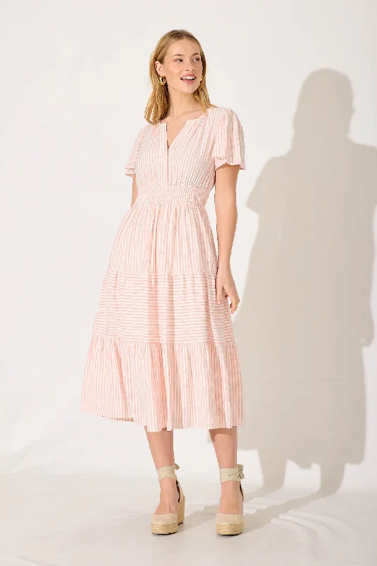 Midi dresses with pleated bodices for a classic and tailored lookPalm Springs Midi Dress In Blush And White Stripe