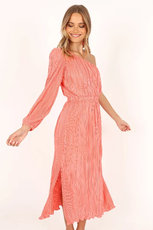 Midi dresses with pleated bodices for a classic and tailored lookPontee One Shoulder Pleated Midi Dress - Coral