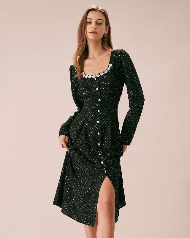 Midi dresses with sheer panels for a touch of allureThe Black U Neck Polka Dot Lace Midi Dress