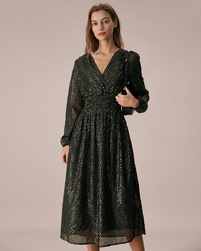 Midi dresses with gathered skirts for a full and flowing silhouetteThe Black V Neck Shirred Overlapping Midi Dress