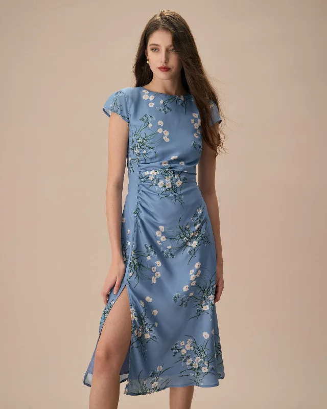 Midi dresses with animal prints for a bold and confident appearanceThe Blue Round Neck Slit Floral Midi Dress