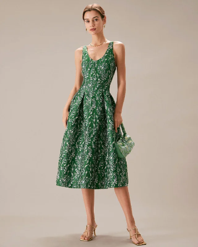 Midi dresses with pom - pom trims for a playful and festive lookThe Green V Neck Floral Pleated Midi Dress