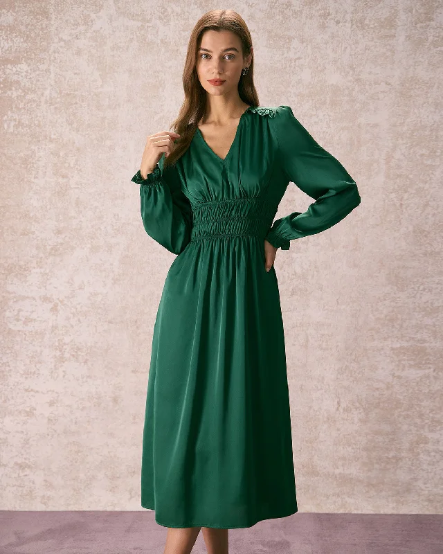 Sheath midi dresses with beaded embellishments for a formal occasionThe Green V Neck Ruched Satin Midi Dress
