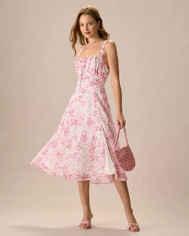 Midi dresses with animal prints for a bold and confident appearanceThe Pink Square Neck Floral Ruched Midi Dress