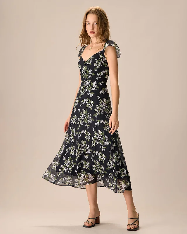 Midi dresses with off - the - shoulder necklines for a flirty lookWomen's Black Floral Shirred Midi Dress