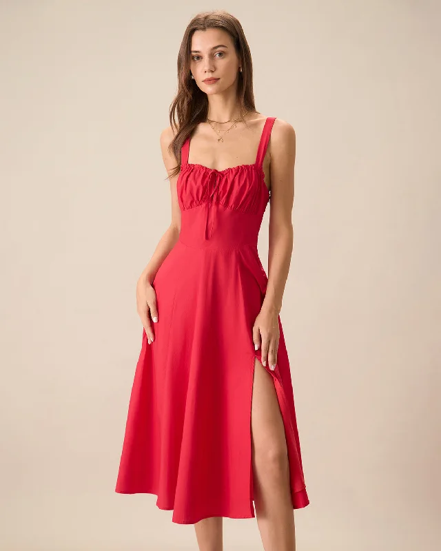 Midi dresses with printed lining for a hidden and stylish detailWomen's Red Square Neck Ruched Slip Midi Dress