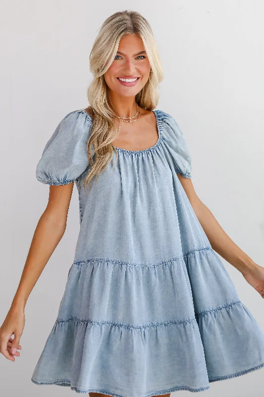 Mini dresses with mesh panels for a sexy and trendy lookAesthetic Charm Light Denim Tiered Mini Dress
