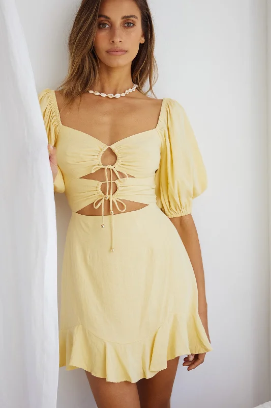 Linen mini dresses for a breathable summer optionAlma Drawstring Circle Bust Puff Sleeve Mini Dress Yellow