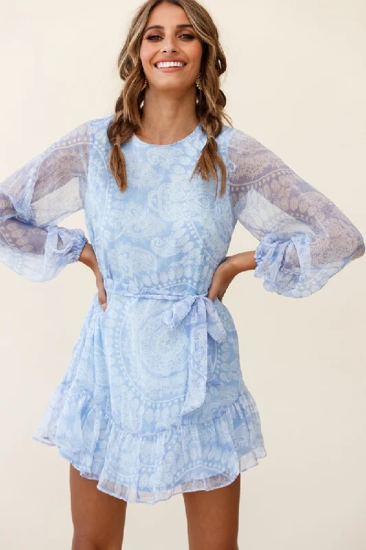 Polyester mini dresses for easy careAlways & Forever Long Balloon Sleeve Crew Neck Dress Paisley Print Blue
