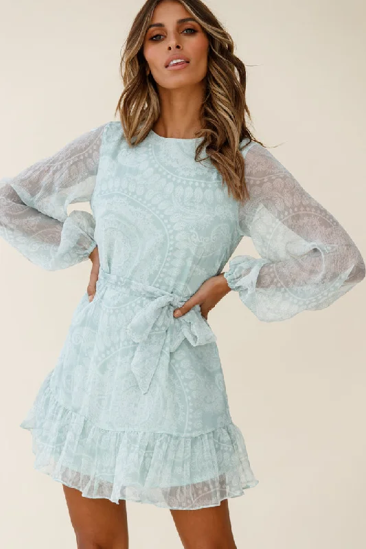 Linen mini dresses for a breathable summer optionAlways & Forever Long Balloon Sleeve Crew Neck Dress Paisley Print Mint